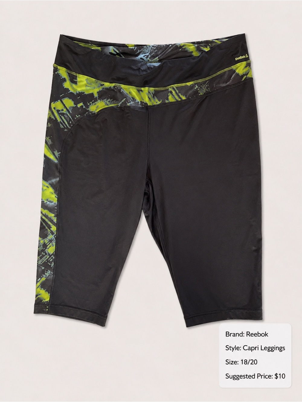 Reebok Black Capri Leggings with Neon Yellow-Green Print